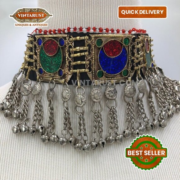 Afghan Kuchi Dangling Bells Choker Necklace, Ethnic Choker Necklace - Picture 3 of 8